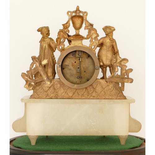 319 - A late 19th century French gilt metal and marble drumhead mantle clock, surmounted with a man and wo... 