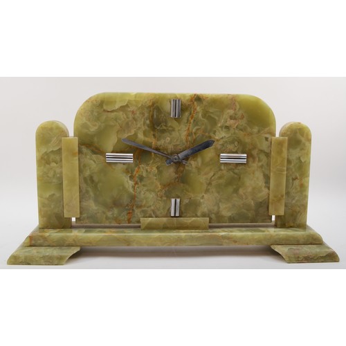 321 - A large Art Deco mottled green onyx mantleclock, with chrome plated baton numerals and hands, raised... 