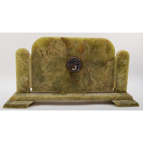 321 - A large Art Deco mottled green onyx mantleclock, with chrome plated baton numerals and hands, raised... 