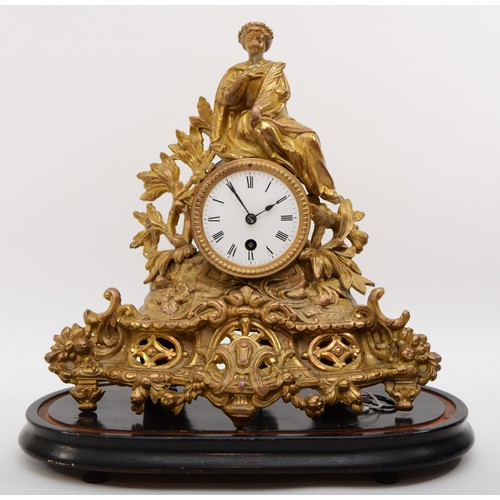 322 - A 19th century French gilt metal drumhead mantle clock, surmounted with a classical maiden and leaf ... 