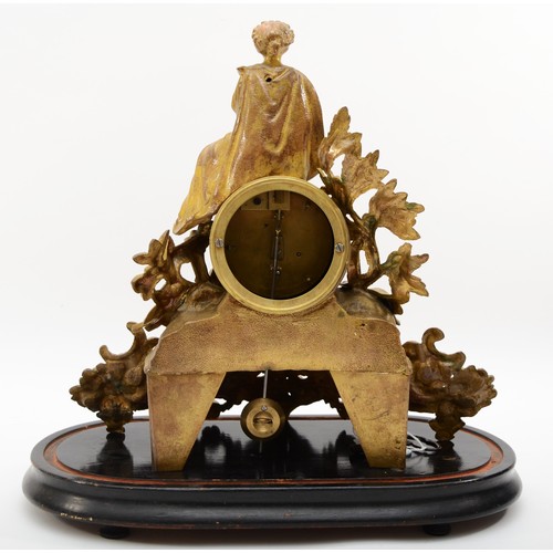 322 - A 19th century French gilt metal drumhead mantle clock, surmounted with a classical maiden and leaf ... 