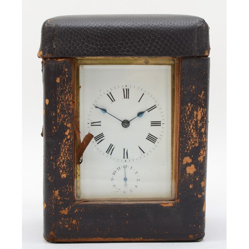 329 - A 20th century brass corniche cased hourly striking alarm carriage clock, the white dial with black ... 