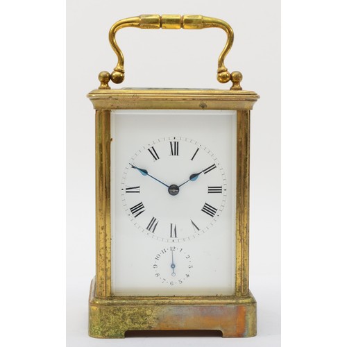 329 - A 20th century brass corniche cased hourly striking alarm carriage clock, the white dial with black ... 