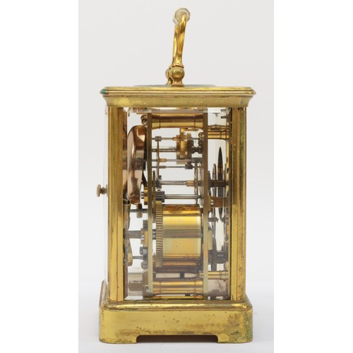 329 - A 20th century brass corniche cased hourly striking alarm carriage clock, the white dial with black ... 