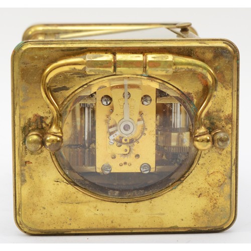 329 - A 20th century brass corniche cased hourly striking alarm carriage clock, the white dial with black ... 