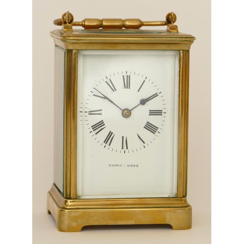 331 - Mappin & Webb; a 20th century brass corniche cased hourly striking carriage clock, strikes on a gong... 