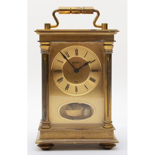 334 - Bentima, a 20th century brass cased 8 day brass corniche cased carriage half hourly striking clock, ... 