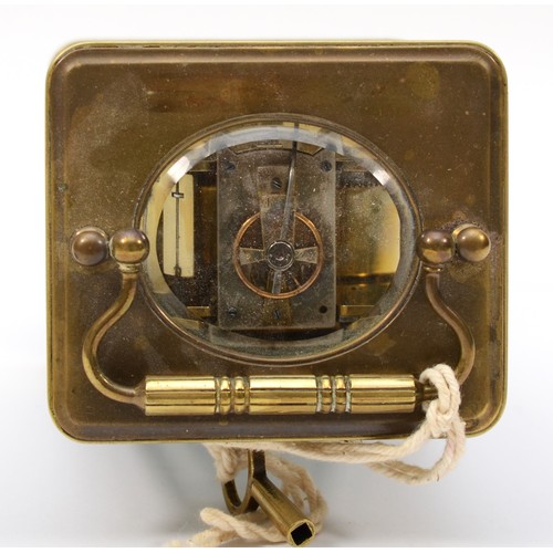 336 - A 20th century brass corniche cased half hourly striking carriage clock, the white dial with black R... 