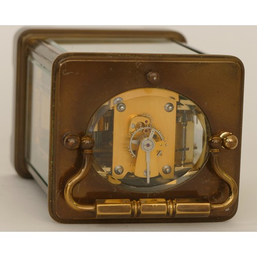 337 - Rapport, a 20th century French brass corniche cased striking alarm carriage clock, the white dial wi... 