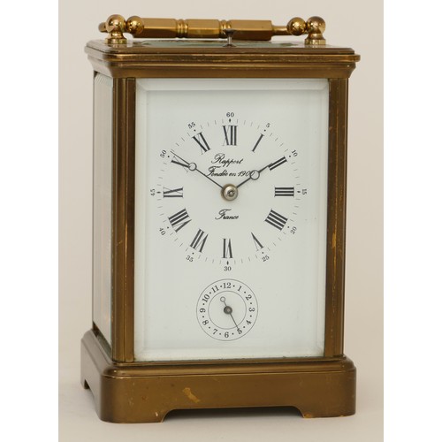 337 - Rapport, a 20th century French brass corniche cased striking alarm carriage clock, the white dial wi... 