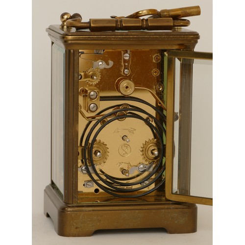 337 - Rapport, a 20th century French brass corniche cased striking alarm carriage clock, the white dial wi... 