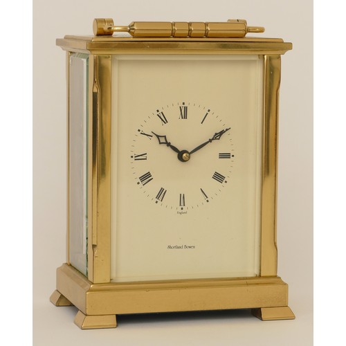 338 - Shortland Bowen, an English brass corniche cased carriage clock, half hourly striking on a bell, the... 