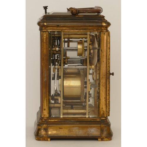 339 - An early 20th century hourly repeater striking brass corniche cased carriage clock, striking on a be... 