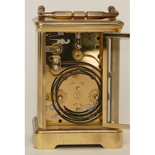 340 - L'Epee, a 20th century French brass corniche cased half hourly striking repeating carriage clock, th... 