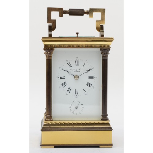 342 - A 20th century French brass corniche cased half hourly repeater striking carriage clock, the white d... 