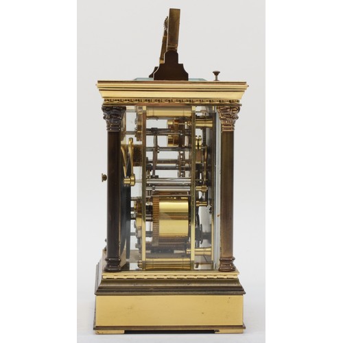 342 - A 20th century French brass corniche cased half hourly repeater striking carriage clock, the white d... 