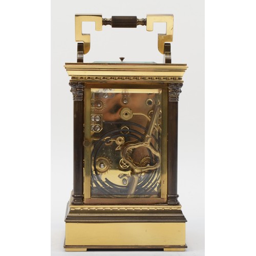 342 - A 20th century French brass corniche cased half hourly repeater striking carriage clock, the white d... 