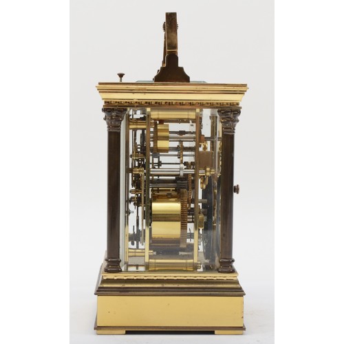 342 - A 20th century French brass corniche cased half hourly repeater striking carriage clock, the white d... 