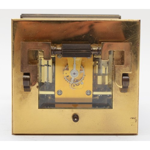 342 - A 20th century French brass corniche cased half hourly repeater striking carriage clock, the white d... 