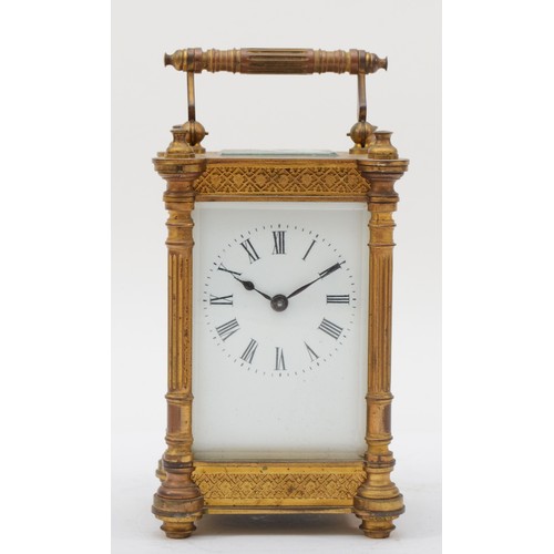 343 - A 20th century French brass corniche cased carriage clock, the white dial with black Roman numerals,... 