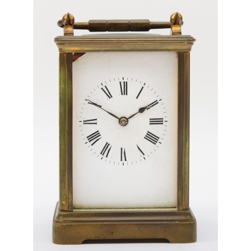 344 - A 20th century French brass corniche cased half hour striking carriage clock, the white dial with bl... 