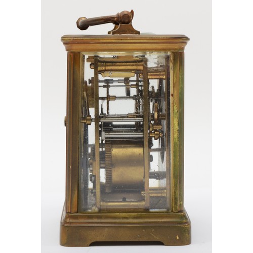 344 - A 20th century French brass corniche cased half hour striking carriage clock, the white dial with bl... 