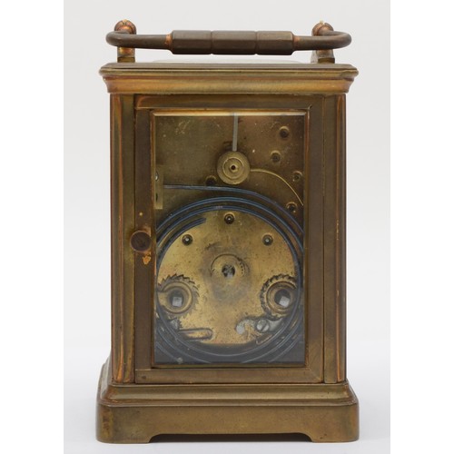 344 - A 20th century French brass corniche cased half hour striking carriage clock, the white dial with bl... 