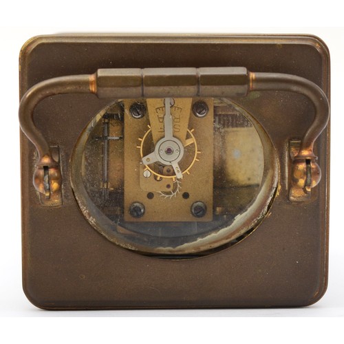 344 - A 20th century French brass corniche cased half hour striking carriage clock, the white dial with bl... 