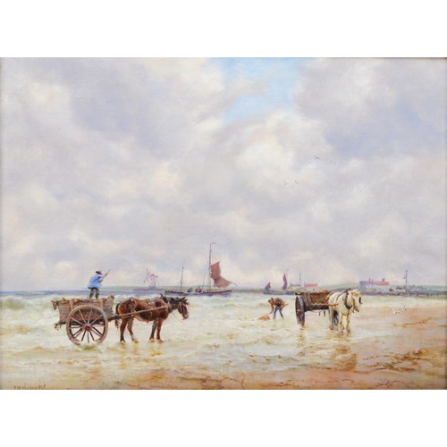 364 - J.M. Mollender, 19th century, collecting seaweed, oil on board, signed, 38 x 51cm