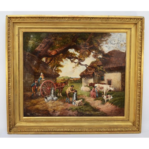 365 - 19th century, milking by cottages and trees, oil on canvas, unsigned, 51 x 62cm