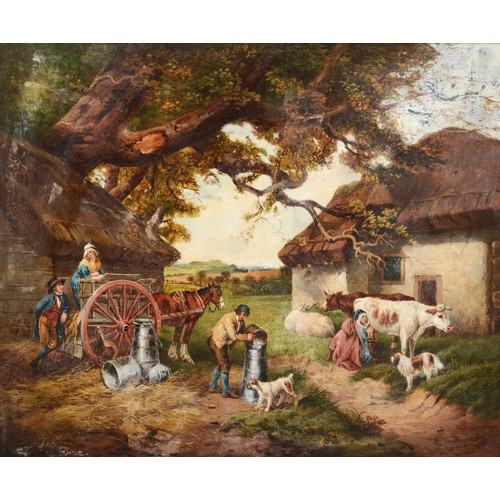 365 - 19th century, milking by cottages and trees, oil on canvas, unsigned, 51 x 62cm