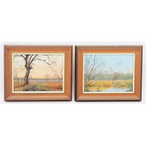 369 - Neil Spilman (b.1951), a pair, lake in the spring and sunset track, oil on board, each signed and da... 