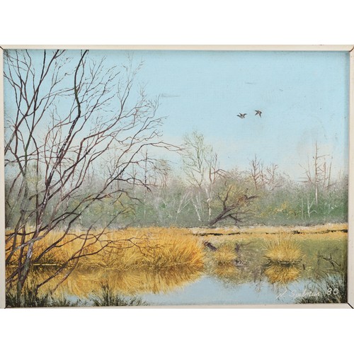 369 - Neil Spilman (b.1951), a pair, lake in the spring and sunset track, oil on board, each signed and da... 