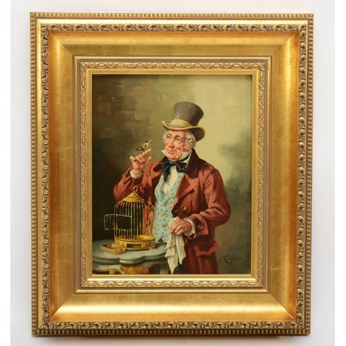 370 - H. Richter (20th century), man with singing bird on his arm, oil on canvas, signed and dated, gilt f... 