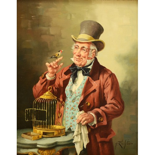 370 - H. Richter (20th century), man with singing bird on his arm, oil on canvas, signed and dated, gilt f... 