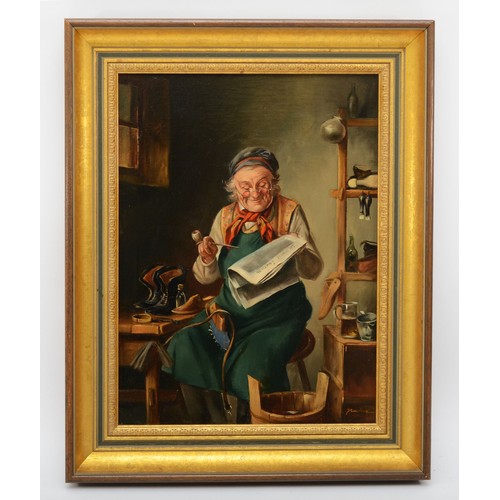 371 - 20th century, indistinctly signed, seated cobbler making a pair of boots, oil on canvas and gilt fra... 