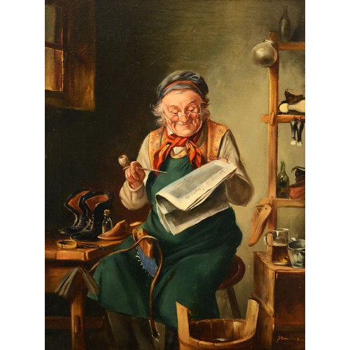 371 - 20th century, indistinctly signed, seated cobbler making a pair of boots, oil on canvas and gilt fra... 