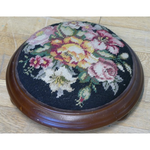 381 - An early 20th century mahogany framed stool with embroidered tapestry stuff over seat, raised on cab... 