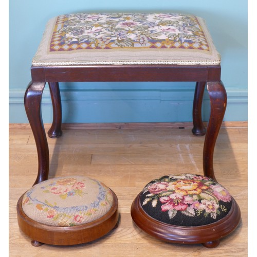 381 - An early 20th century mahogany framed stool with embroidered tapestry stuff over seat, raised on cab... 