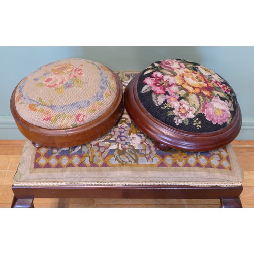 381 - An early 20th century mahogany framed stool with embroidered tapestry stuff over seat, raised on cab... 