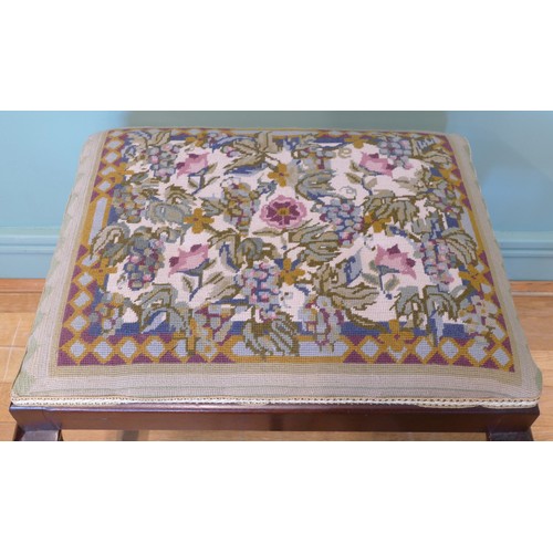 381 - An early 20th century mahogany framed stool with embroidered tapestry stuff over seat, raised on cab... 