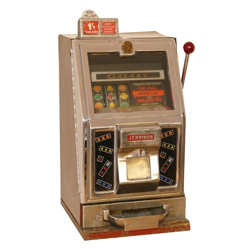 411 - Jennings Galaxy one arm bandit electromechanical three reel slot machine, c.1966, 1 shilling/5 new p... 