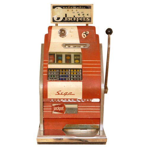 412 - Diamond 3 Star by Sega one arm bandit mechanical three reel slot machine, c.1960, 6d play, back open... 