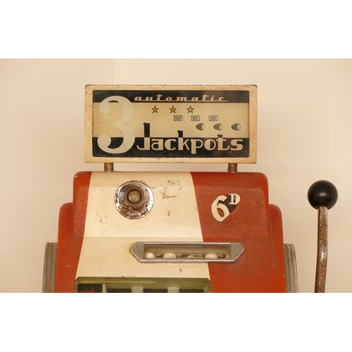 412 - Diamond 3 Star by Sega one arm bandit mechanical three reel slot machine, c.1960, 6d play, back open... 