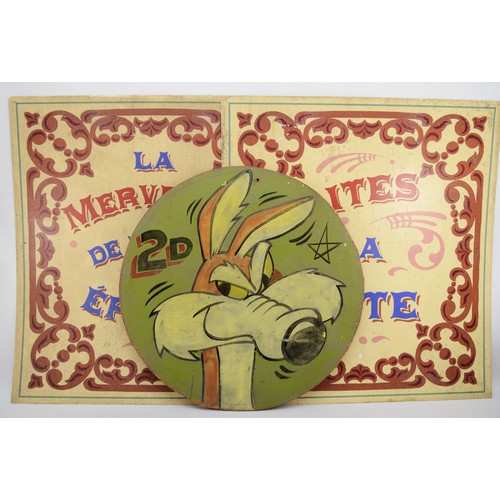 432 - Two French paper mounted on plastic fairground/fete signs, 77cm x 71cm together with a painted circu... 