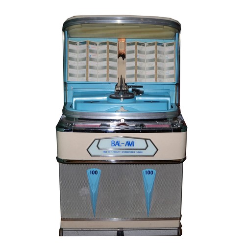 c.1960 BAL-AMi Super 100 jukebox, serial number 100101, 250 volts, with pale blue beck, playing 50 x 45's, to play 100 selections, recently renovated by Discomatics of Mansfield and working, 82 x 70 x 148cm.
BAL-AMi Jukeboxes were manufactured in the UK from 1953 to 1962, by the Balfour (Marine) Engineering Company, mostly being derivatives of those made by the American AMi (Automatic Musical Instrument) jukebox company. The S100 was designed and manufactured exclusively by BAL-AMi using some parts from the AMi model H.