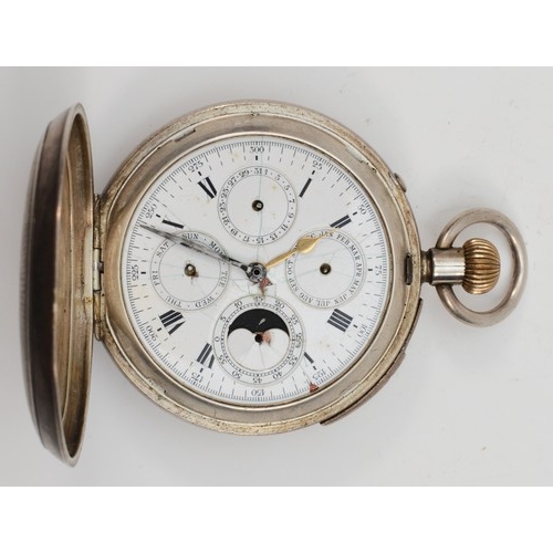 199 - A silver keyless wind full hunter multi dial repeating pocket watch, Chester 1935, the dial with day... 