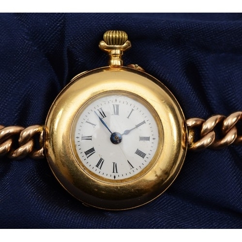 213 - D.F & C. , an early 20th century French 18k gold cased key less wind ladies wrist watch, enameled di... 