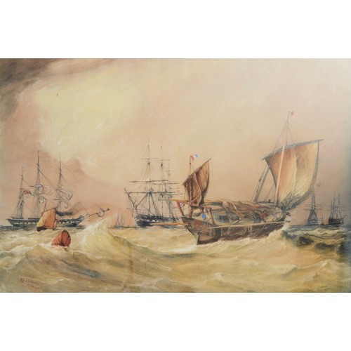 372 - William John Leathem (1815-1857, British) French sailing battleships on a rough sea, watercolour on ... 