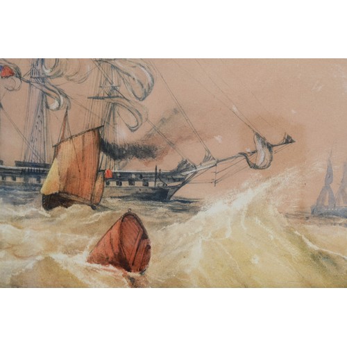 372 - William John Leathem (1815-1857, British) French sailing battleships on a rough sea, watercolour on ... 